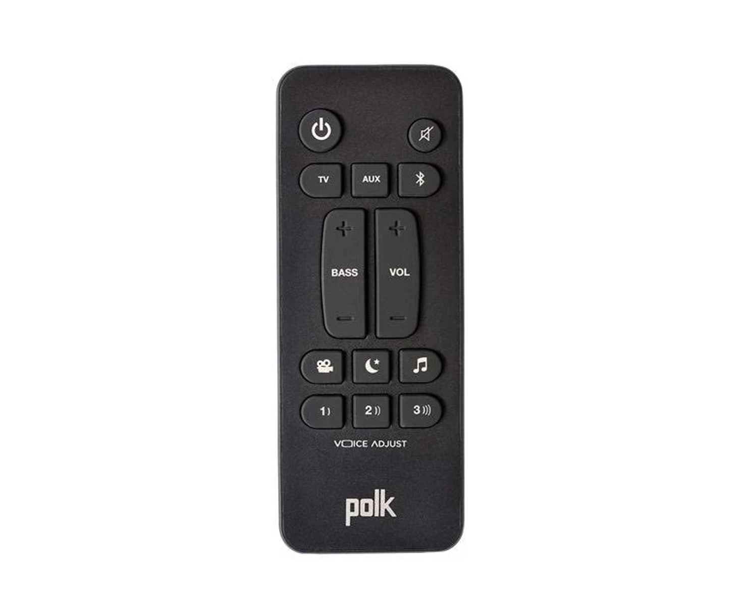 Eine schwarze Polk Soundbar-Fernbedienung mit verschiedenen Tasten. Sie befindet sich auf weißem Hintergrund.