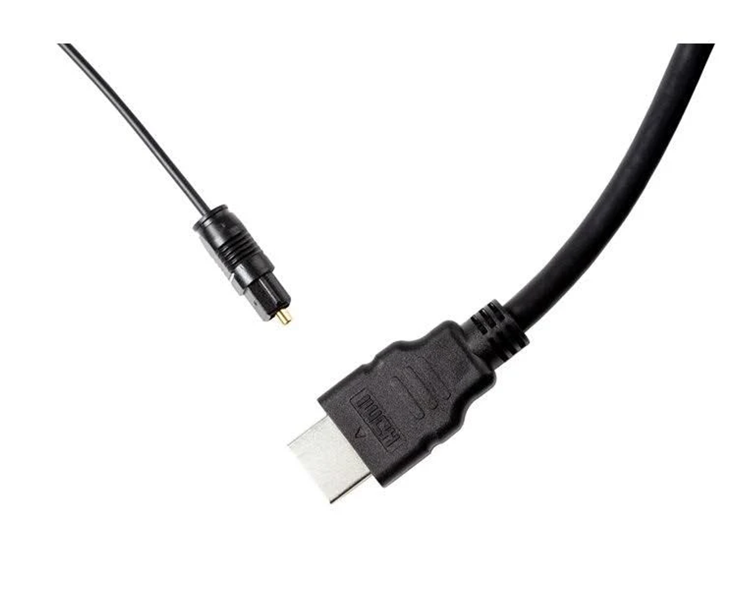 HDMI- und optische Audiokabel, mit einem schwarzen Kabel und Stecker auf Weiß.