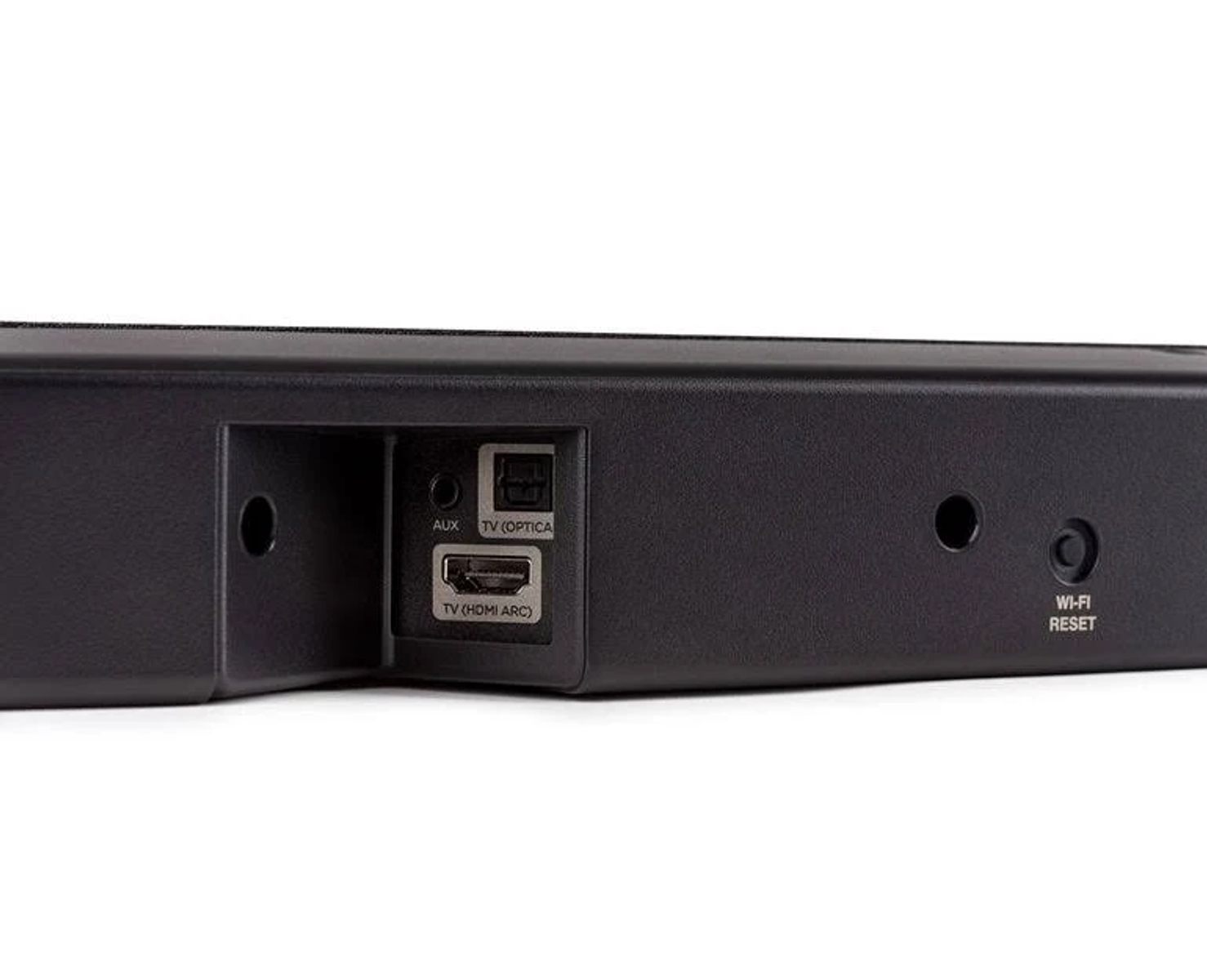 Schwarze Soundbar mit Anschlüssen: AUX, Optisch und HDMI. Enthält eine Wi-Fi- und Reset-Taste.