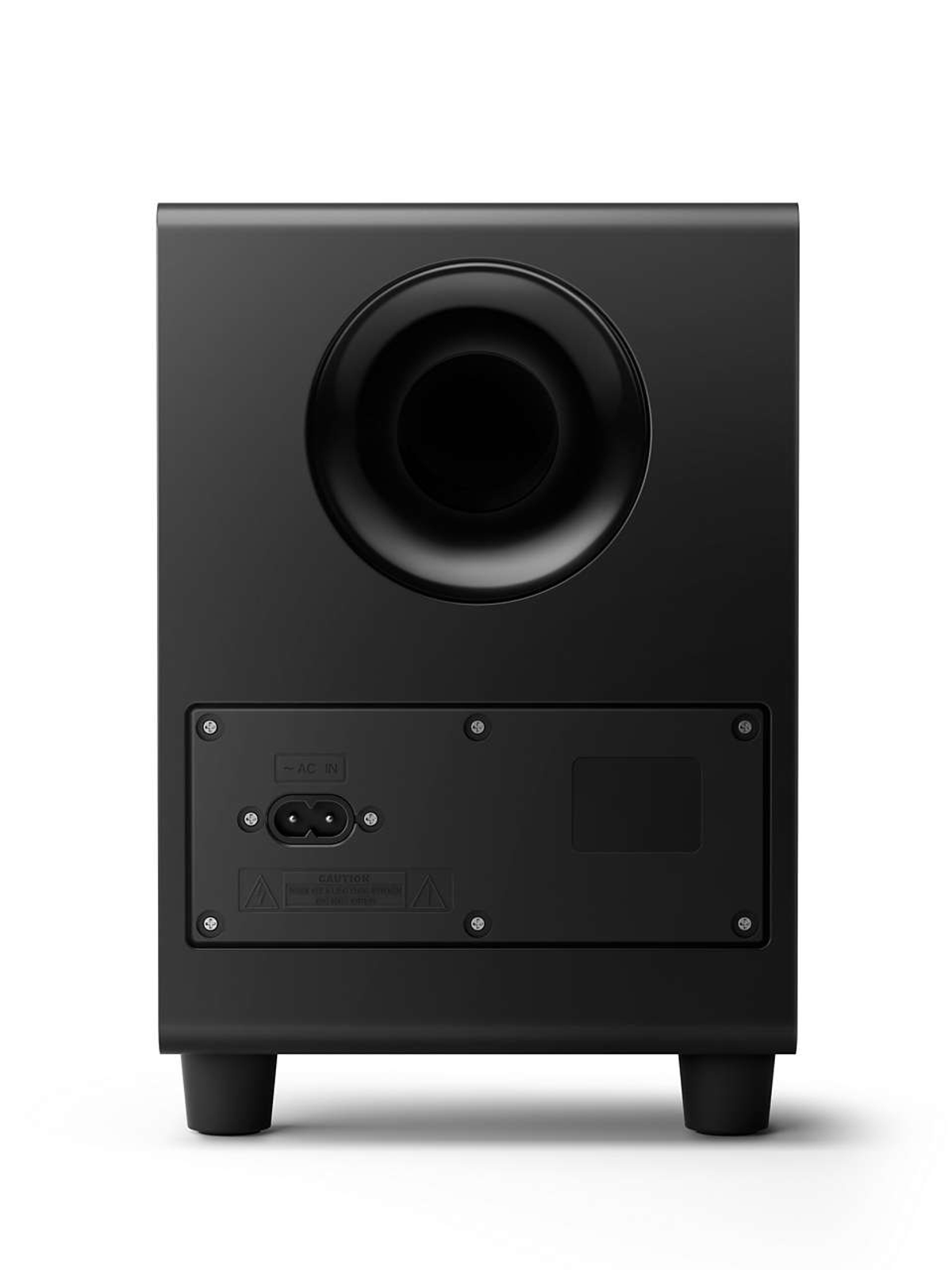 Altoparlante subwoofer nero, con un altoparlante circolare e ingresso di alimentazione. Sfondo bianco.