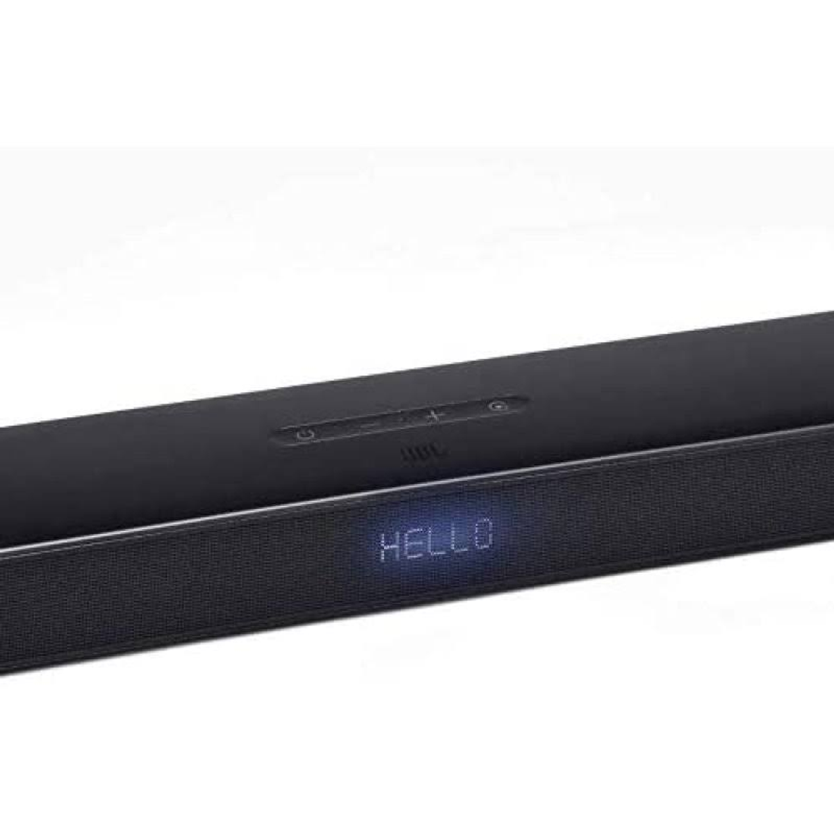 Ön tarafında 'HELLO' yazan siyah soundbar, beyaz arka plan.