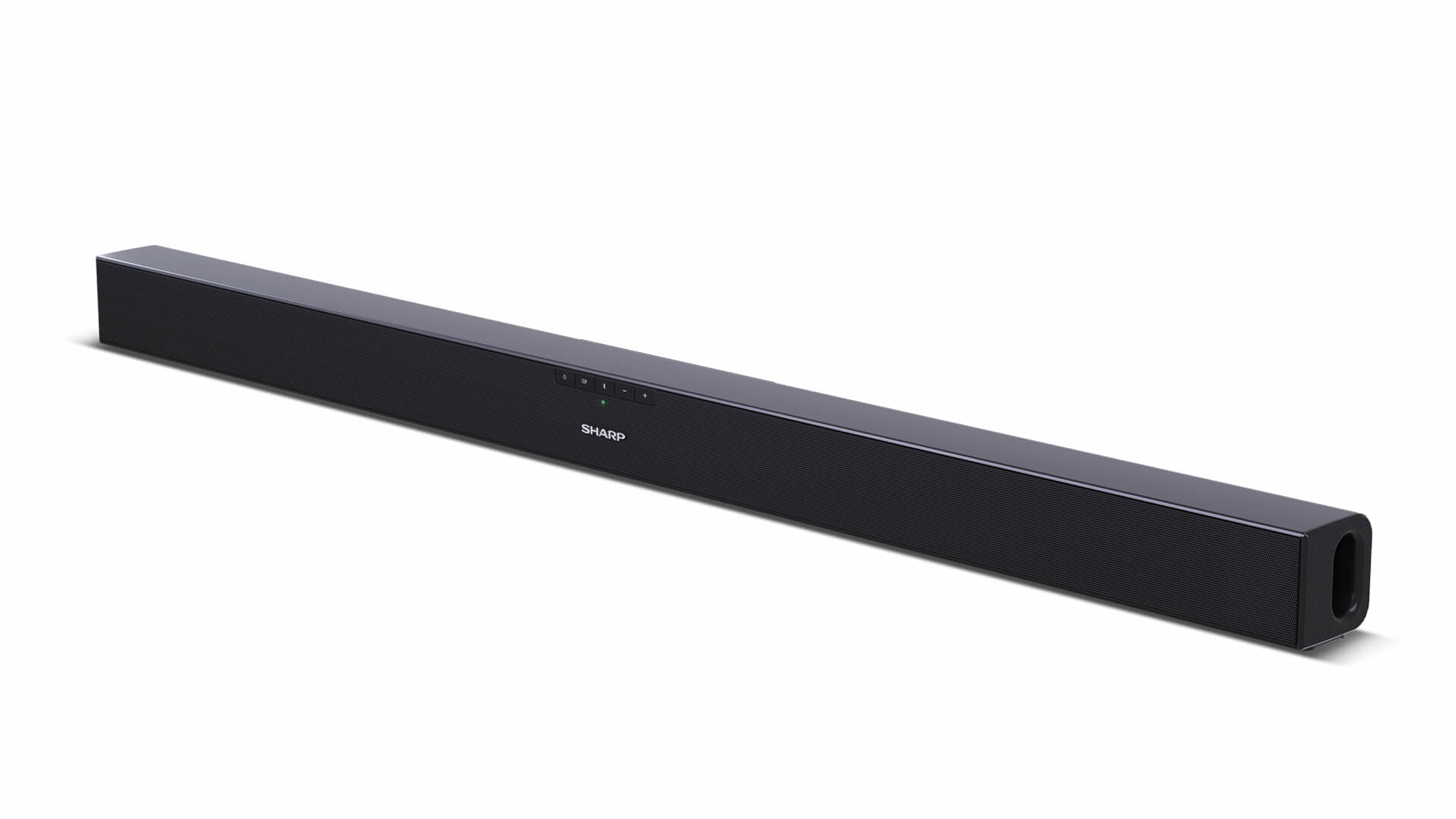 Czarny soundbar z logo Sharp, długim, prostokątnym designem i białym tłem.