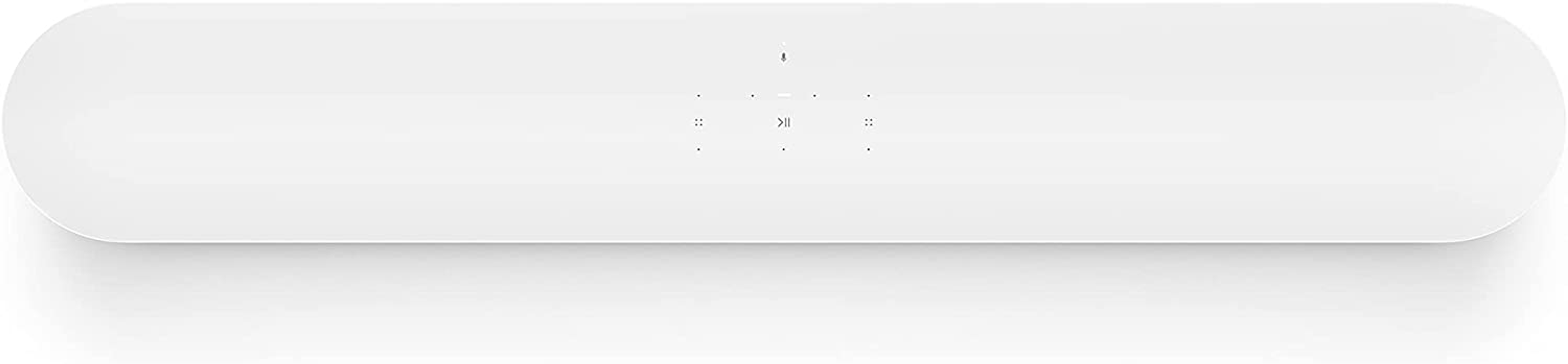 Soundbar bianca dal design semplice, con pulsanti di controllo sulla parte superiore.