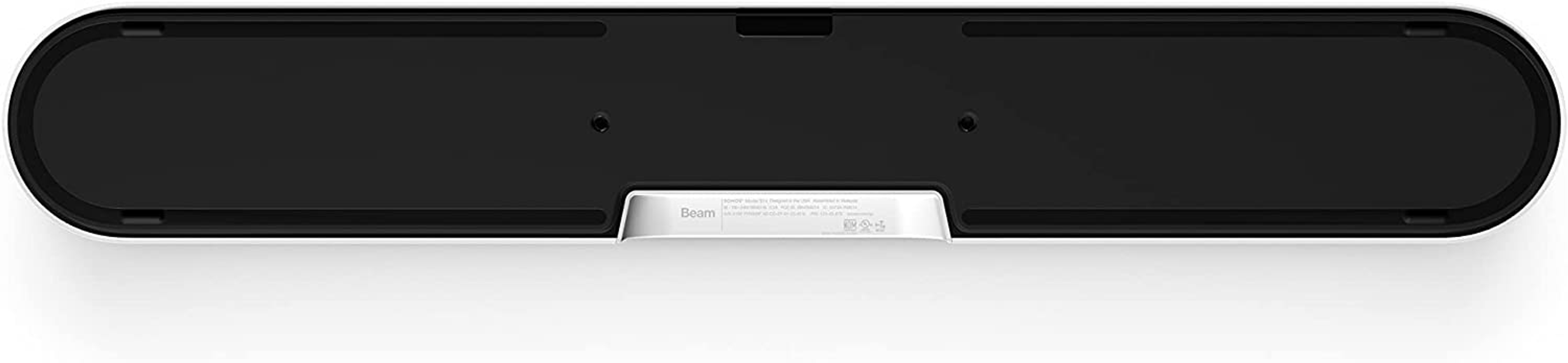 Soundbar nera. Vista inferiore con finiture bianche e logo Beam, due piccoli fori. Sfondo bianco.