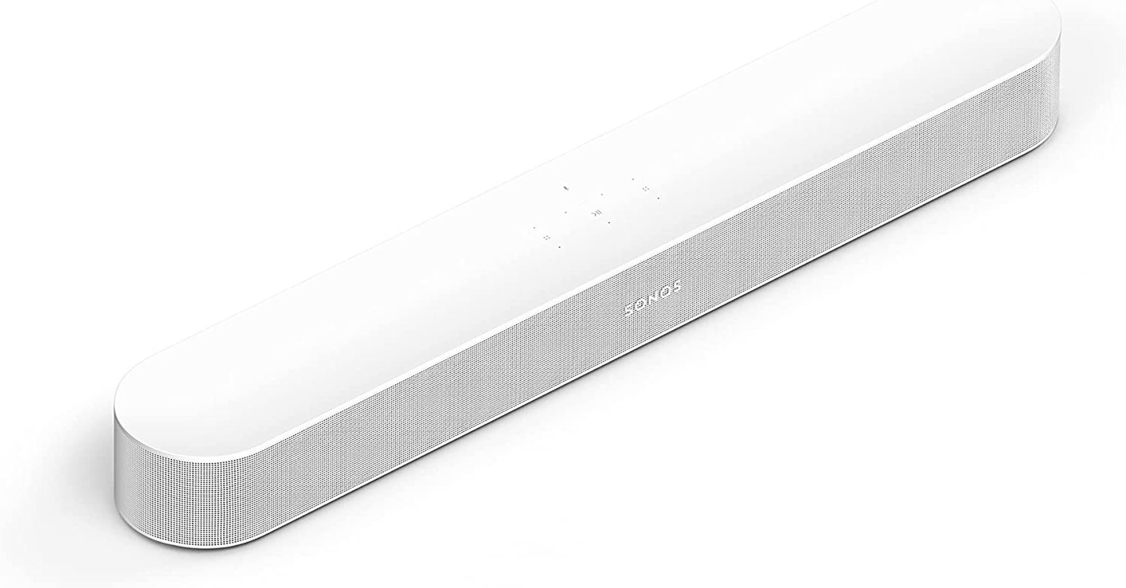 Una soundbar bianca con pulsanti neri sulla parte superiore. La parola SONOS è sulla soundbar.