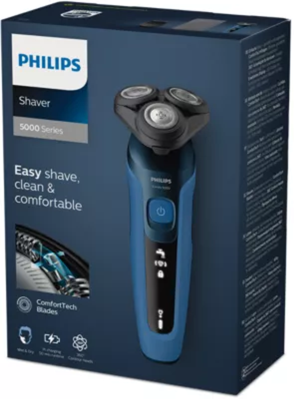 Niebiesko-czarne pudełko golarki Philips i golarka na białym tle.