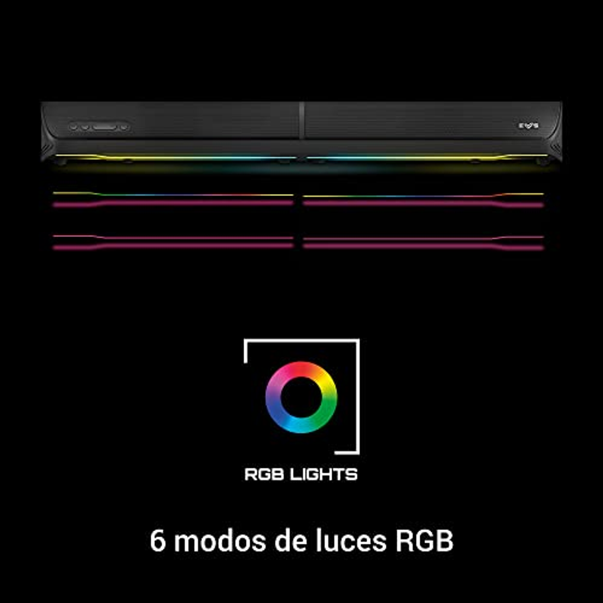Barra de sonido negra con luces RGB y el texto 'RGB LIGHTS'.