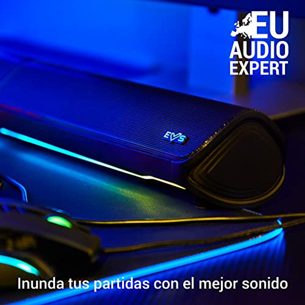 Una barra de sonido negra con iluminación azul, un ratón y un teclado. Logotipo de EU Audio Expert.