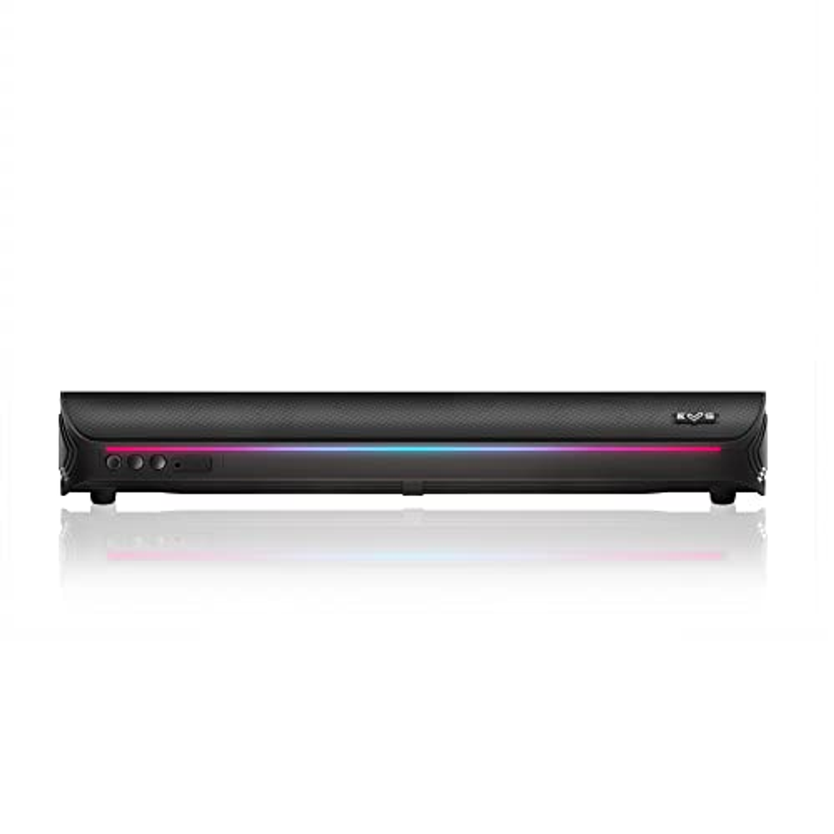 Czarny soundbar z diodami LED z przodu, odbijający się na białej powierzchni.