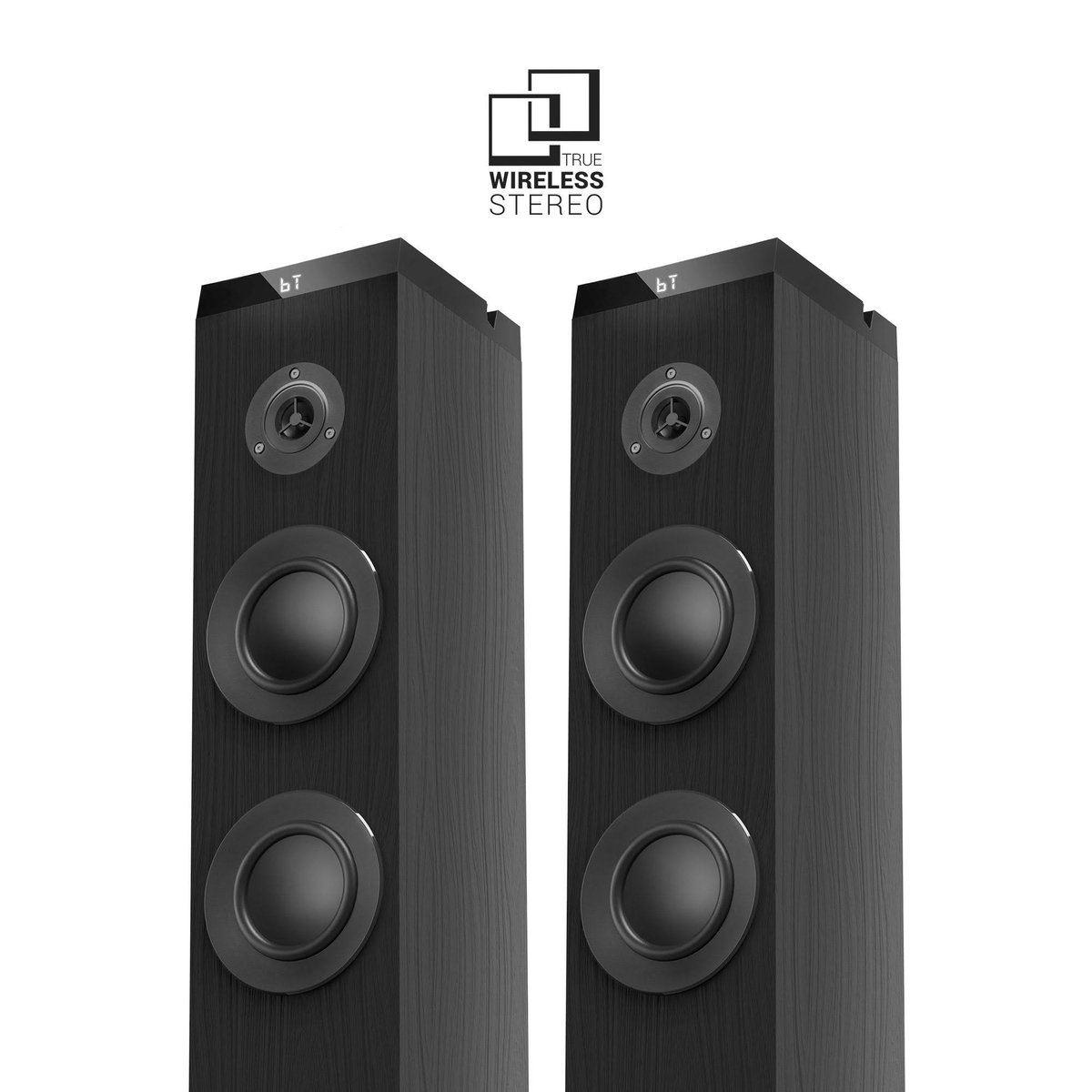 Dos altavoces negros con el texto "TRUE WIRELESS STEREO" se muestran sobre un fondo blanco.
