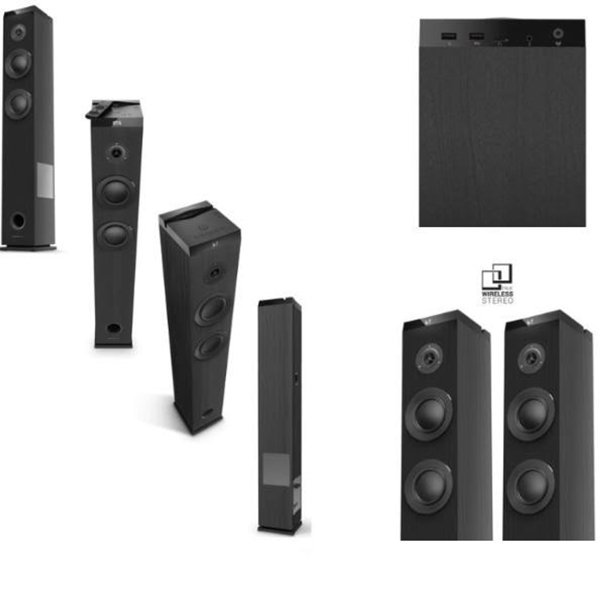 Múltiples altavoces de torre negros, con detalles de su diseño, sobre fondo blanco.