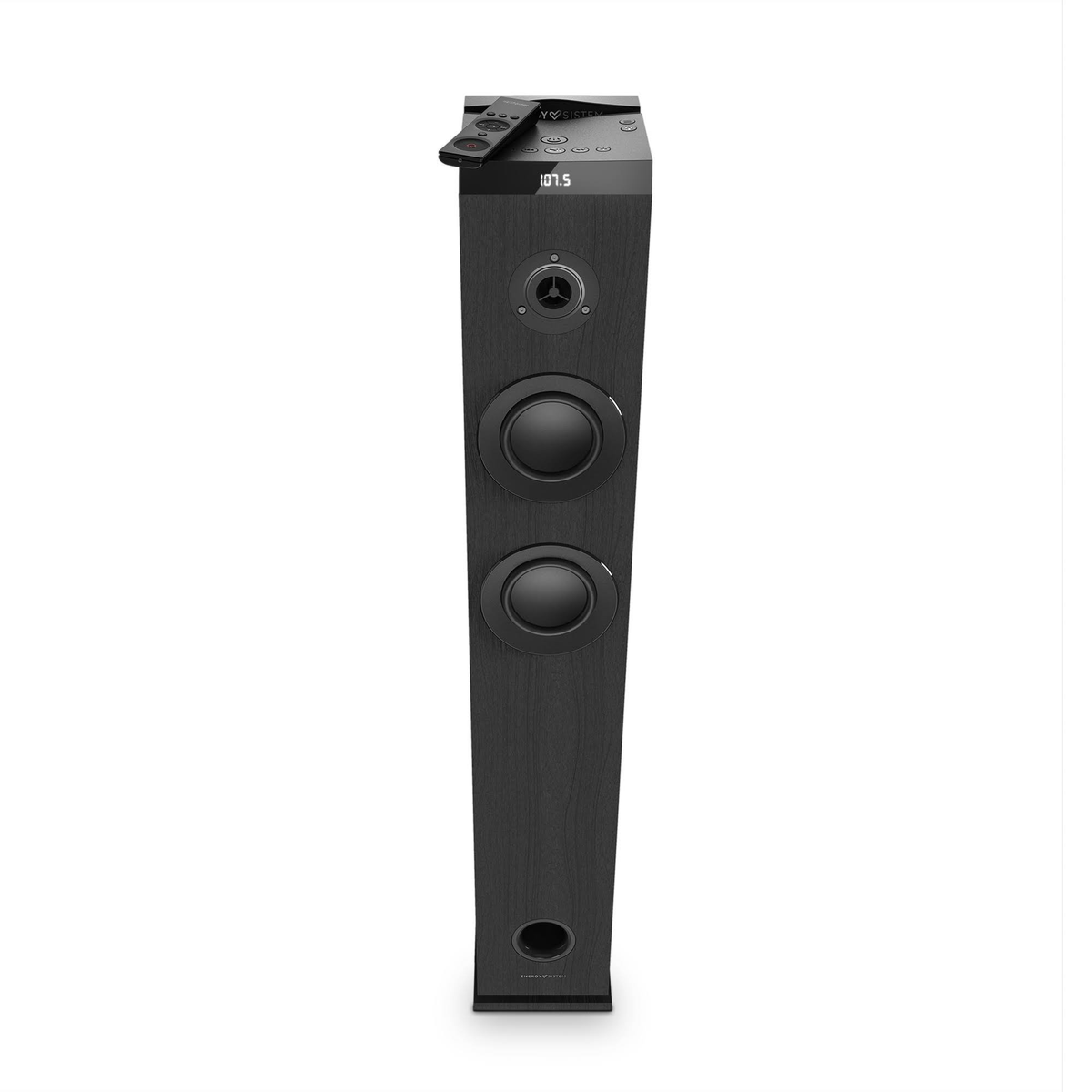 Torre de altavoces de madera negra con dos altavoces, una pantalla y un mando a distancia encima.