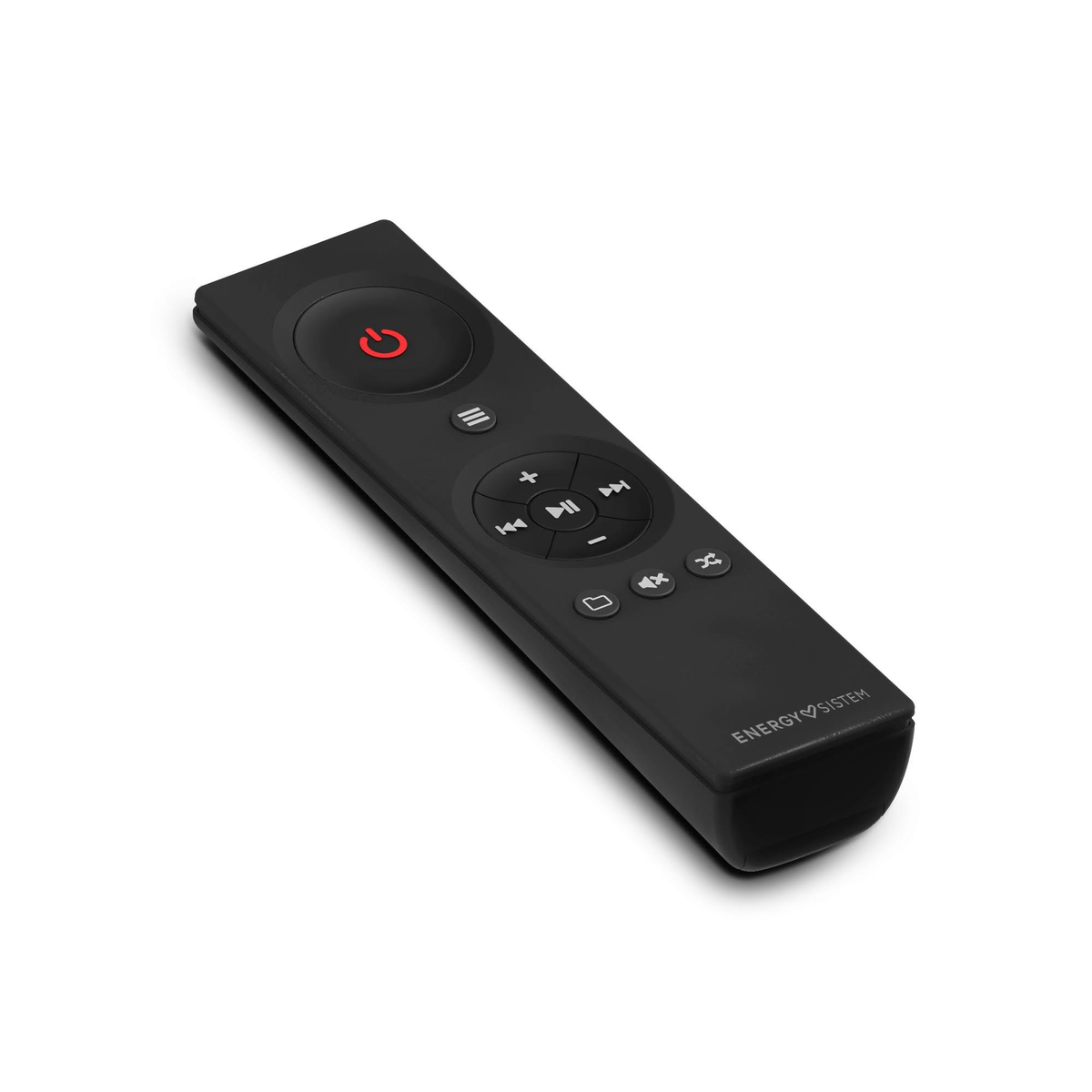 Mando a distancia negro con varios botones. Tiene un botón de encendido y controles de volumen.