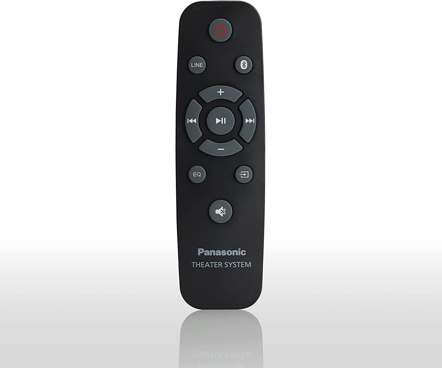 Czarny pilot Panasonic z przyciskami zasilania, linii, głośności i sterowania multimediami.