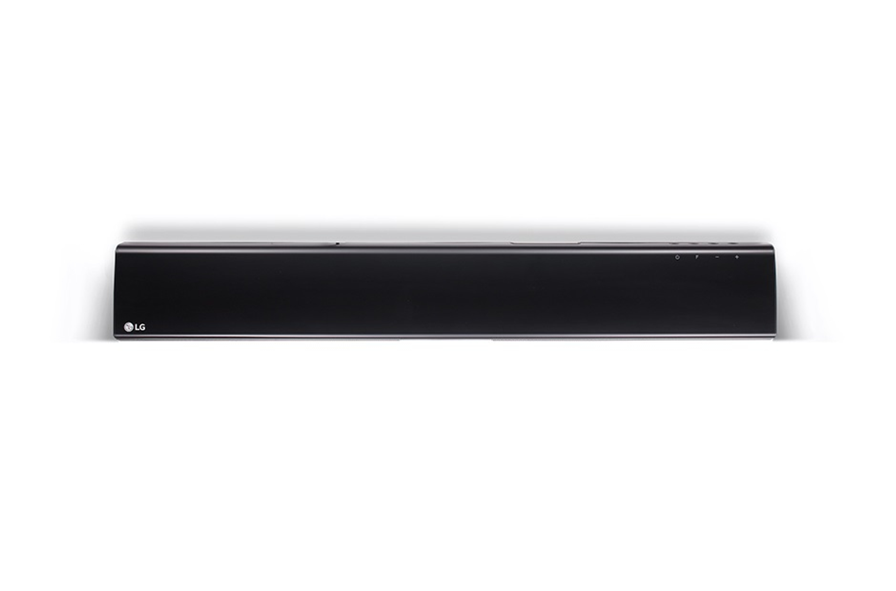 Barra de sonido LG negra sobre fondo blanco. Diseño simple con marca sutil.