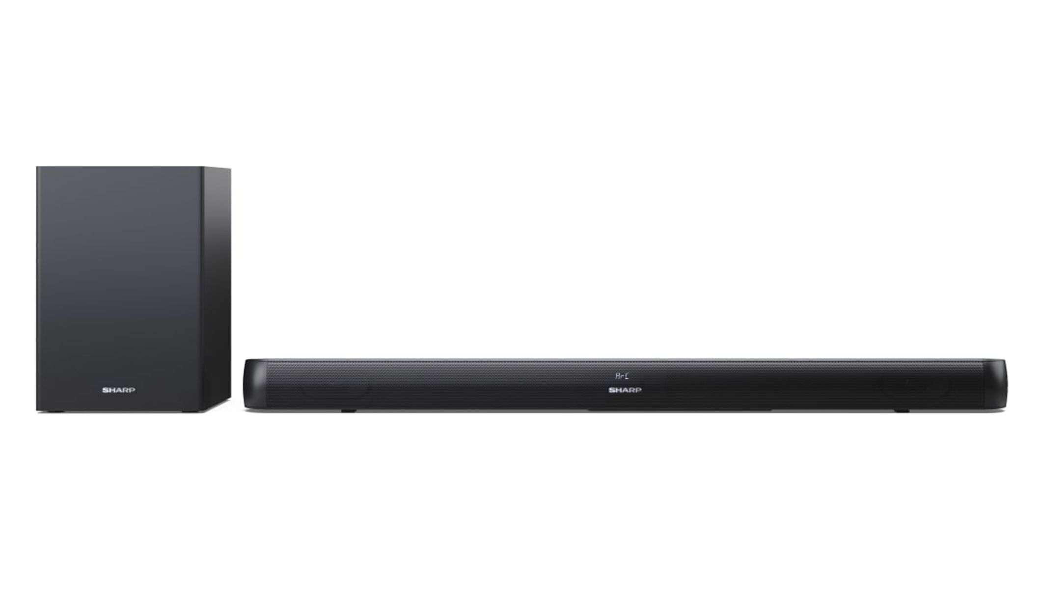 Een zwarte soundbar en een zwarte subwoofer. De soundbar is lang en dun. Witte achtergrond.
