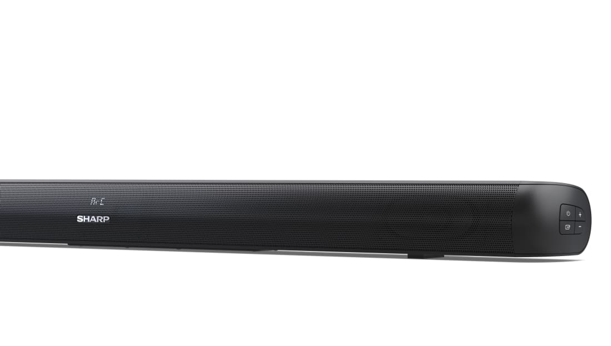 Zwarte soundbar met het SHARP-logo aan de voorkant. Het is lang en rechthoekig, met een witte achtergrond.