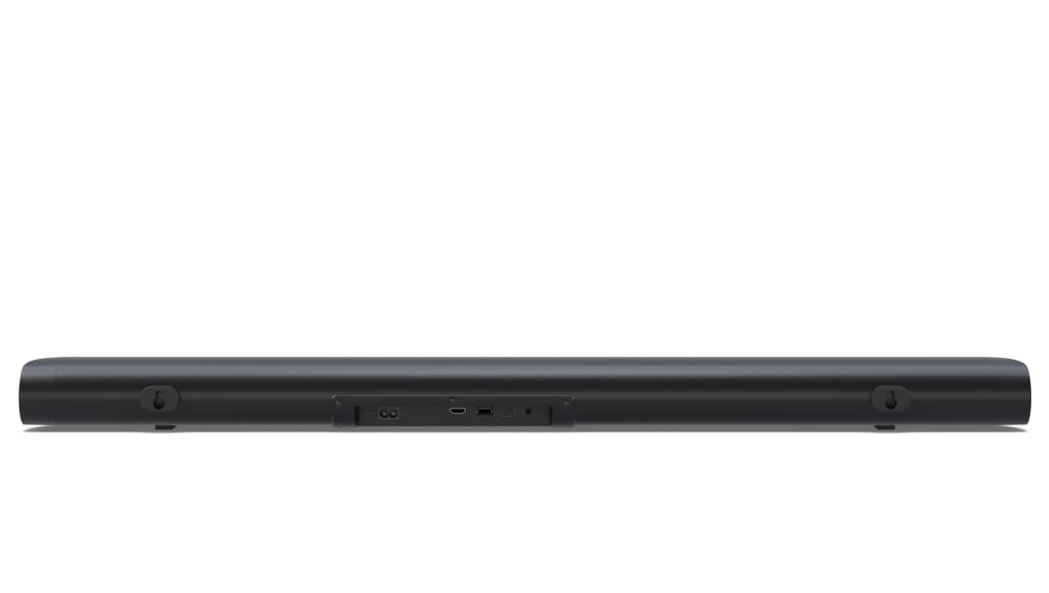 Een zwarte soundbar met poorten en montagegaten. Op een witte achtergrond.