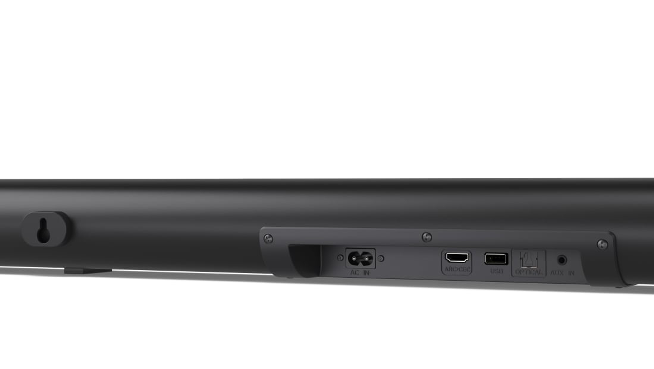 Zwarte soundbar, achteraanzicht, met diverse in-/uitgangspoorten, waaronder AC in, USB.
