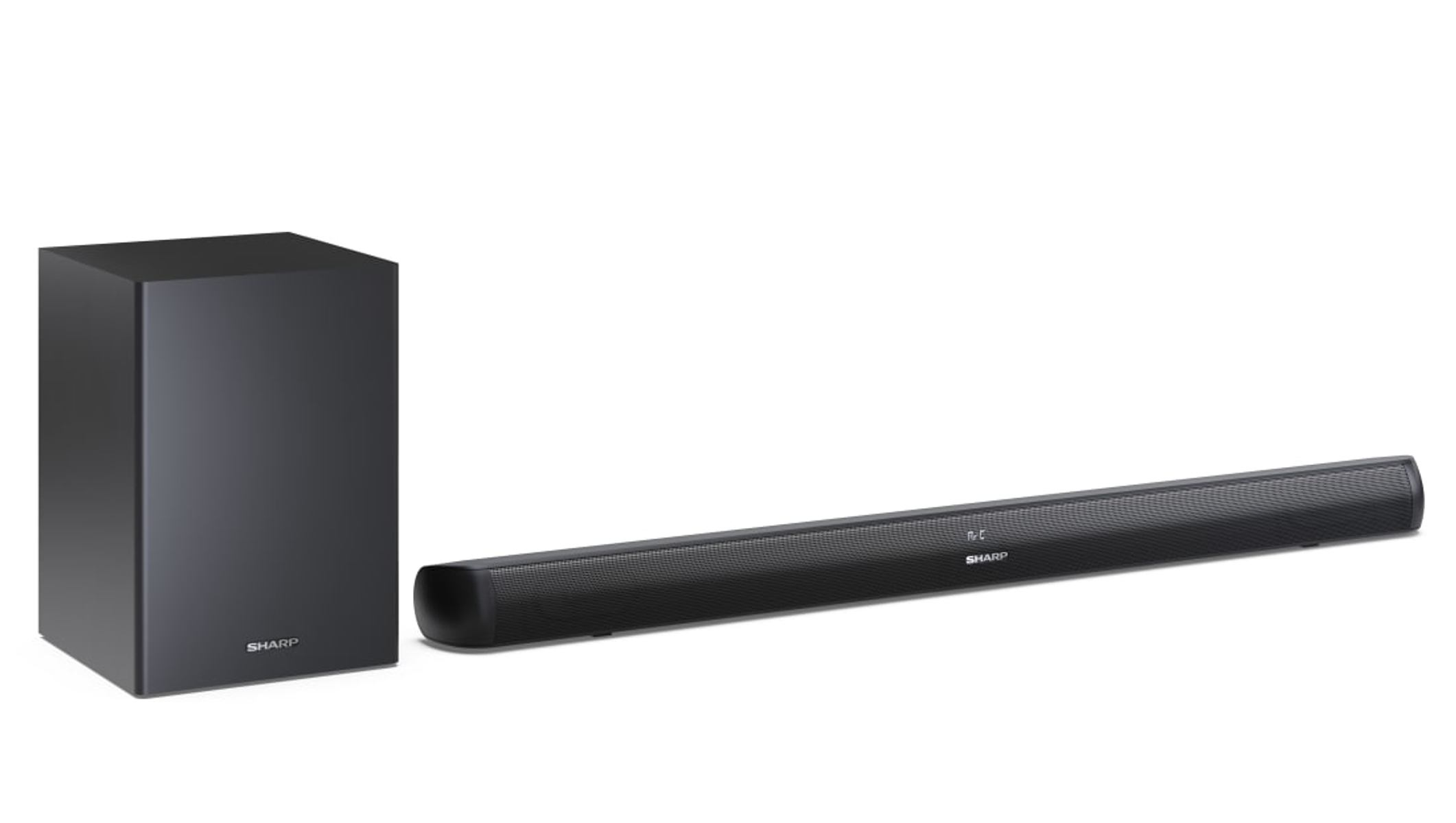Zwarte soundbar en subwoofer set. Soundbar heeft een display en subwoofer is een kubus.