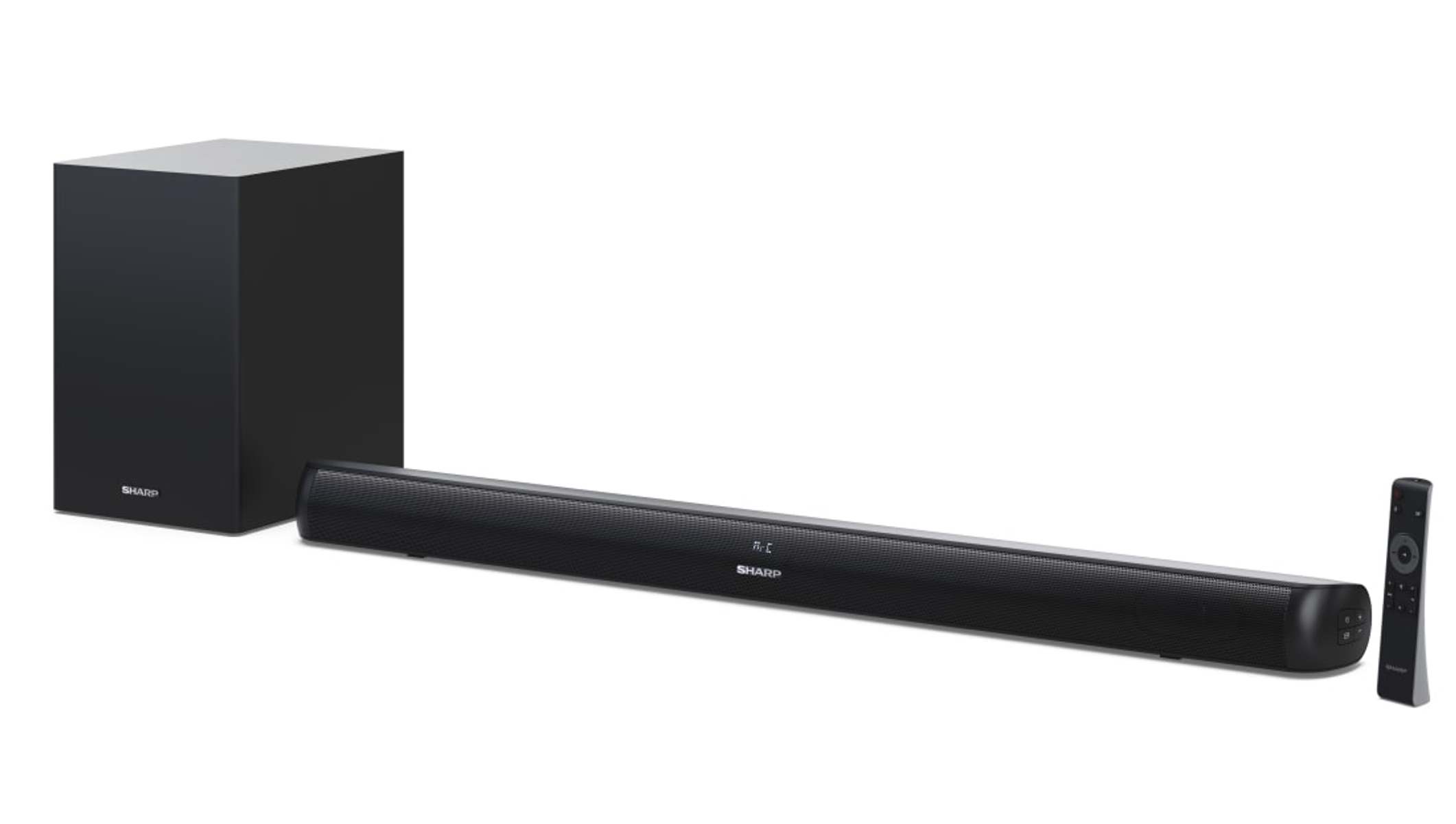 Zwarte soundbar met subwoofer en afstandsbediening. Het staat op een wit oppervlak, geïsoleerd.