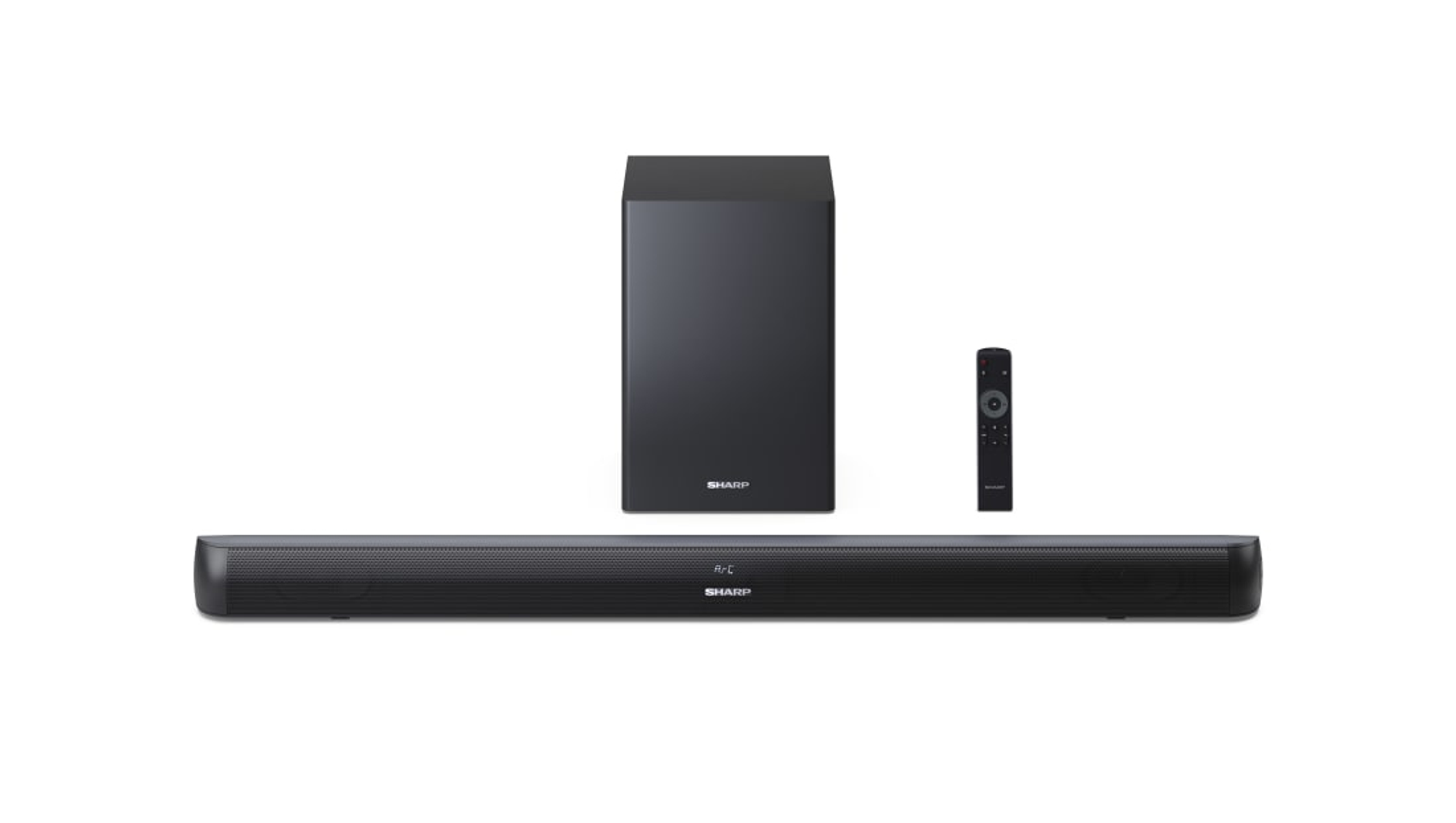 Een zwarte soundbar, subwoofer en afstandsbediening. De soundbar heeft het Sharp-logo.