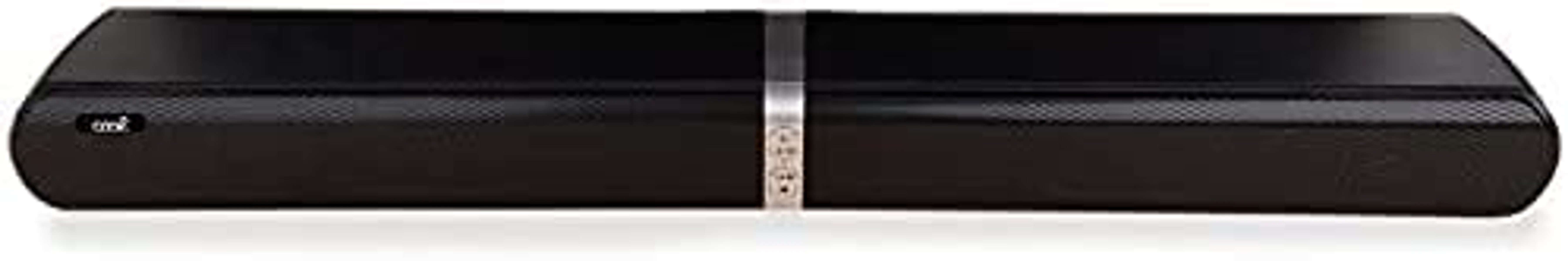 Czarny soundbar ze srebrnym akcentem. Jest długi i prostokątny, odpowiedni do telewizora.