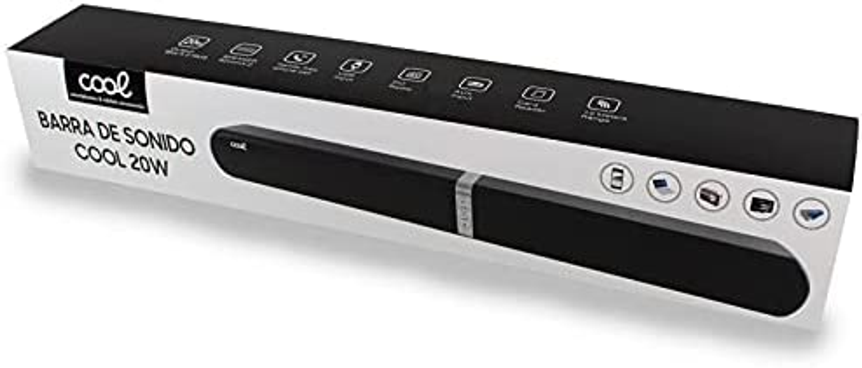 Czarny soundbar w białym i czarnym pudełku.