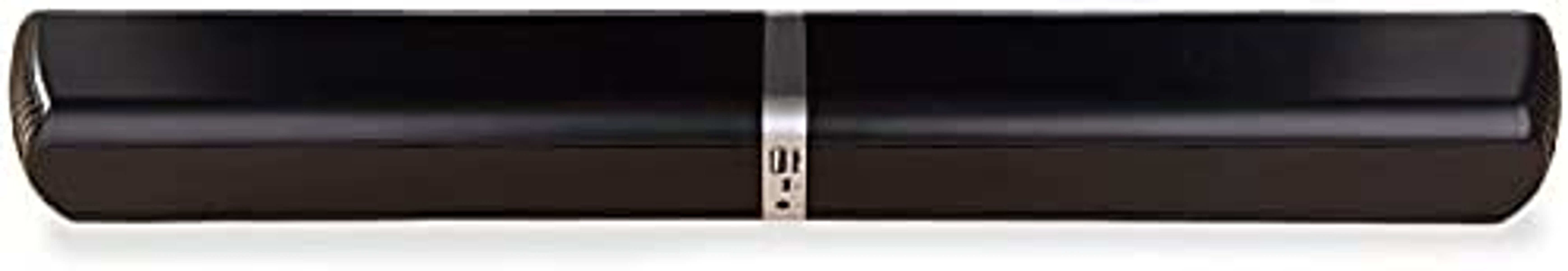 Czarny, prostokątny soundbar ze srebrnym akcentem. Leży poziomo.