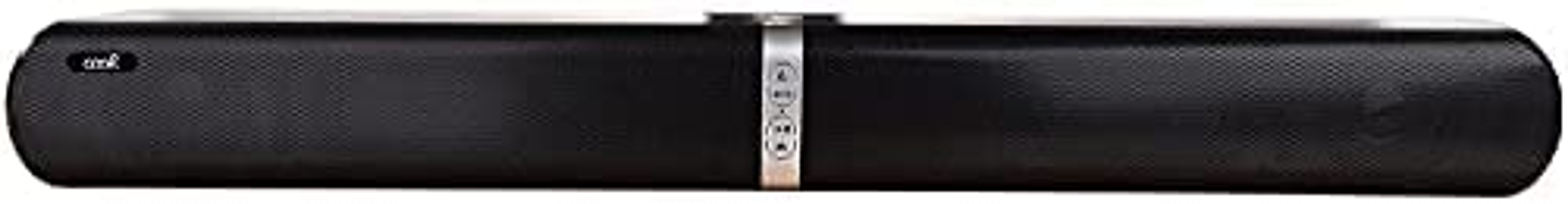 Czarny głośnik soundbar. Srebrny pasek przebiega przez przód. Zakrzywione czarne linie.