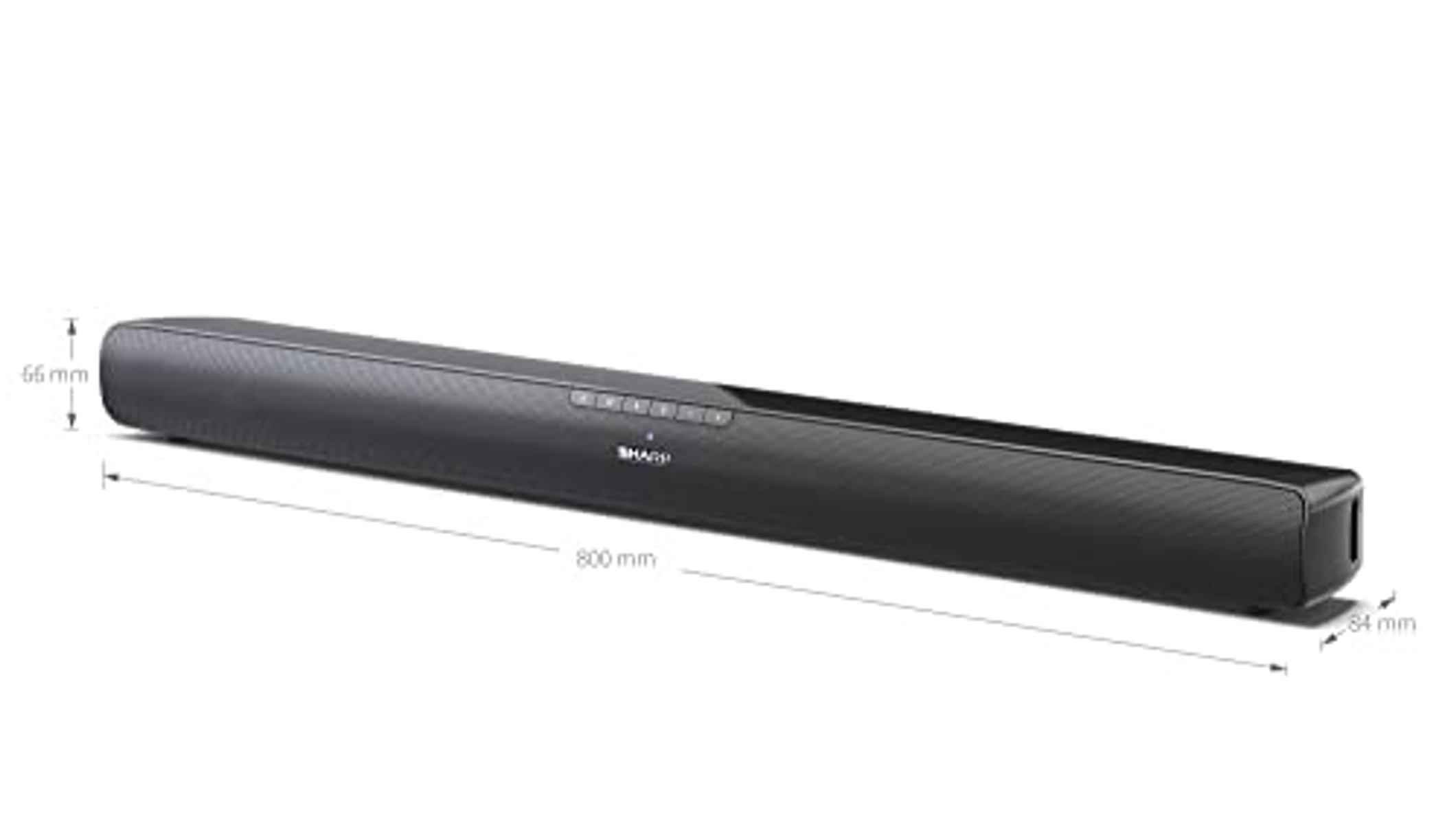 Black soundbar with measurements, displayed on white background.