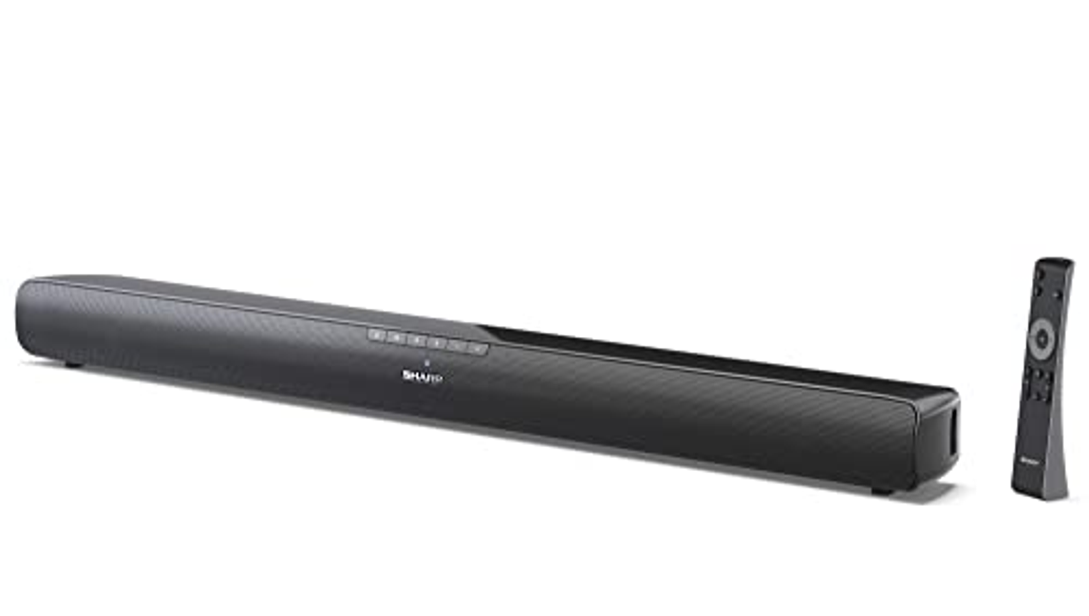 Black soundbar with a remote control. The soundbar is long and horizontal.