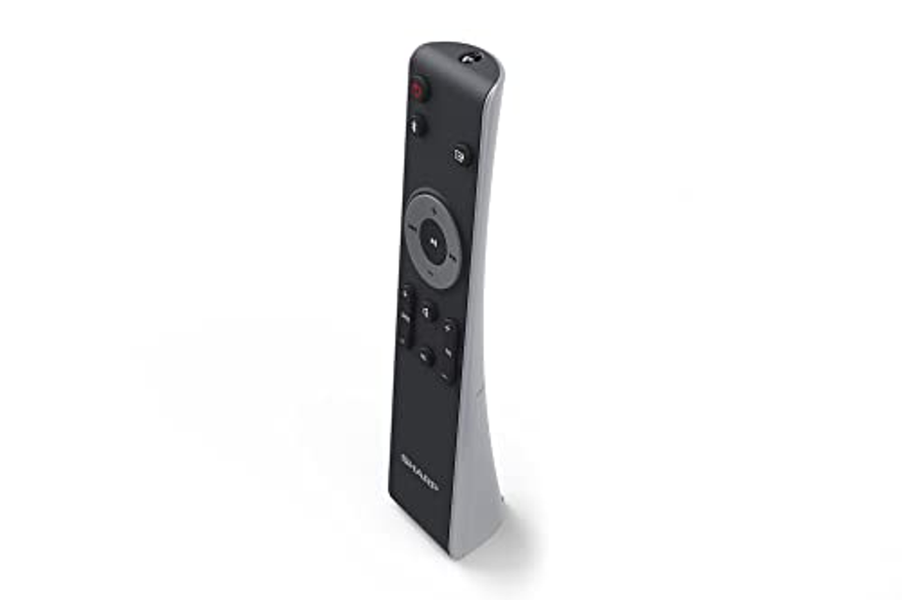 Black and silver remote control on a white background, with a sleek, curved design.