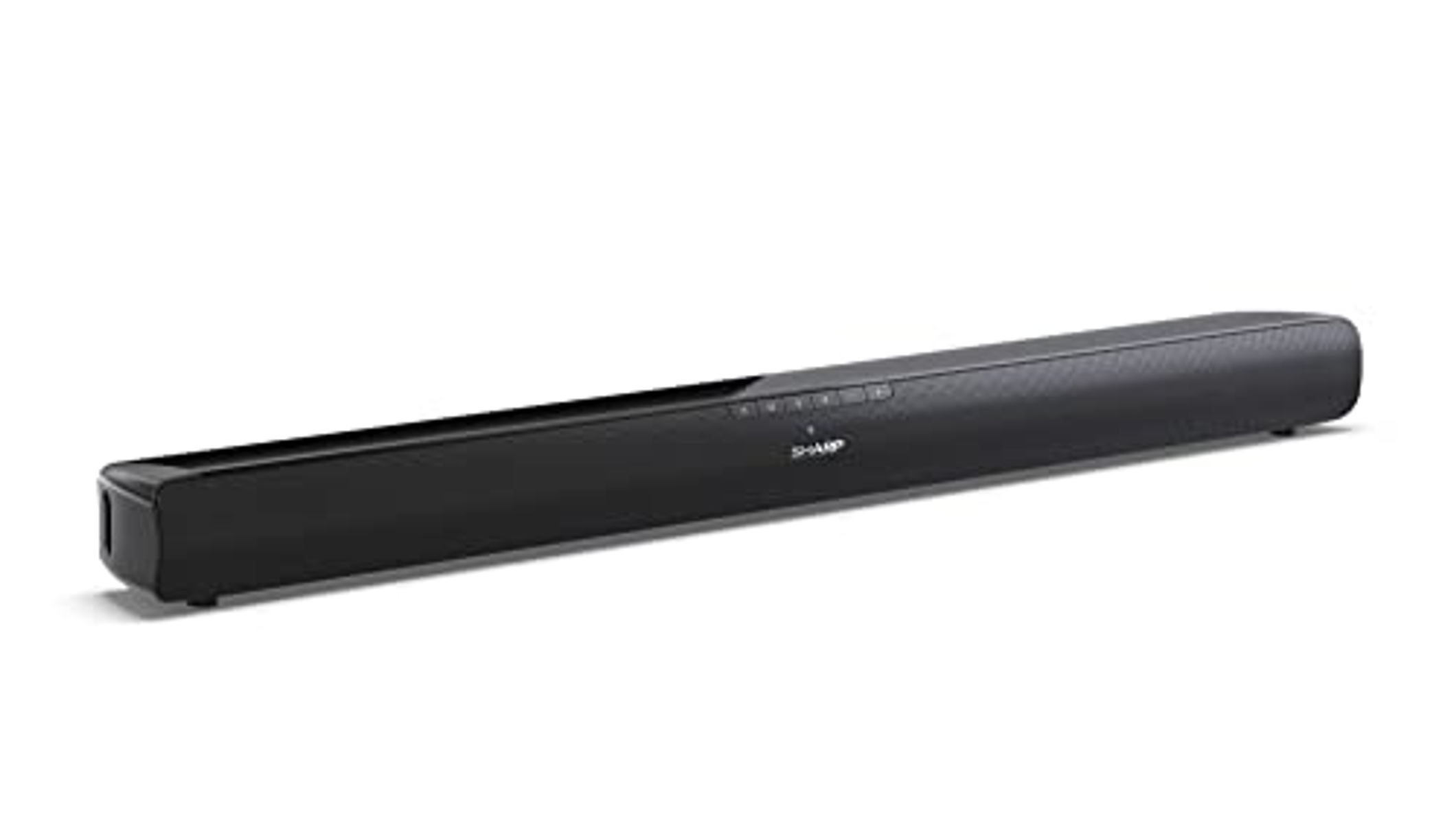 Black soundbar. It has a slim design. White background.