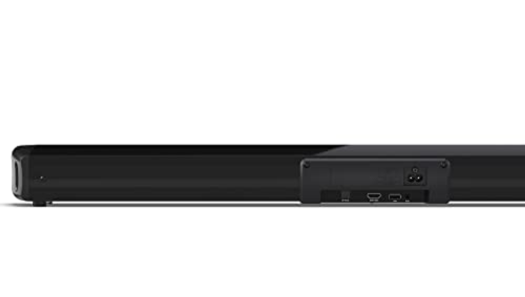 Rear view of a black soundbar with ports for HDMI, power, and other connections.