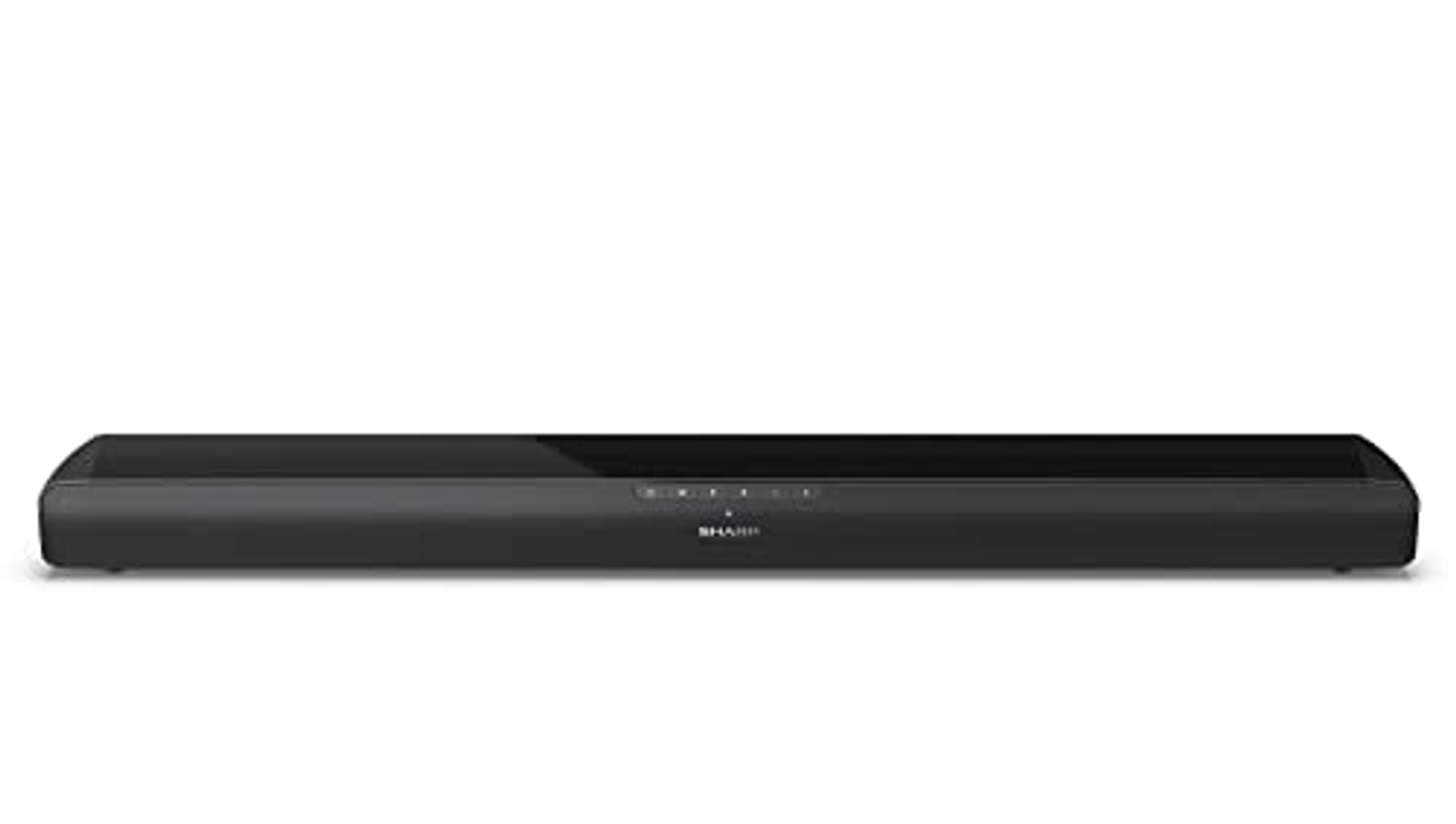 Black soundbar on a white background. It has a sleek, rectangular design.