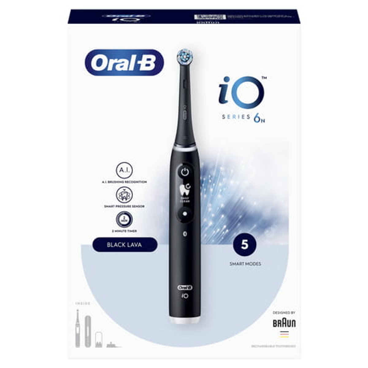 Un cepillo de dientes eléctrico negro Oral-B iO Series 6N con una caja que muestra características y modos inteligentes.