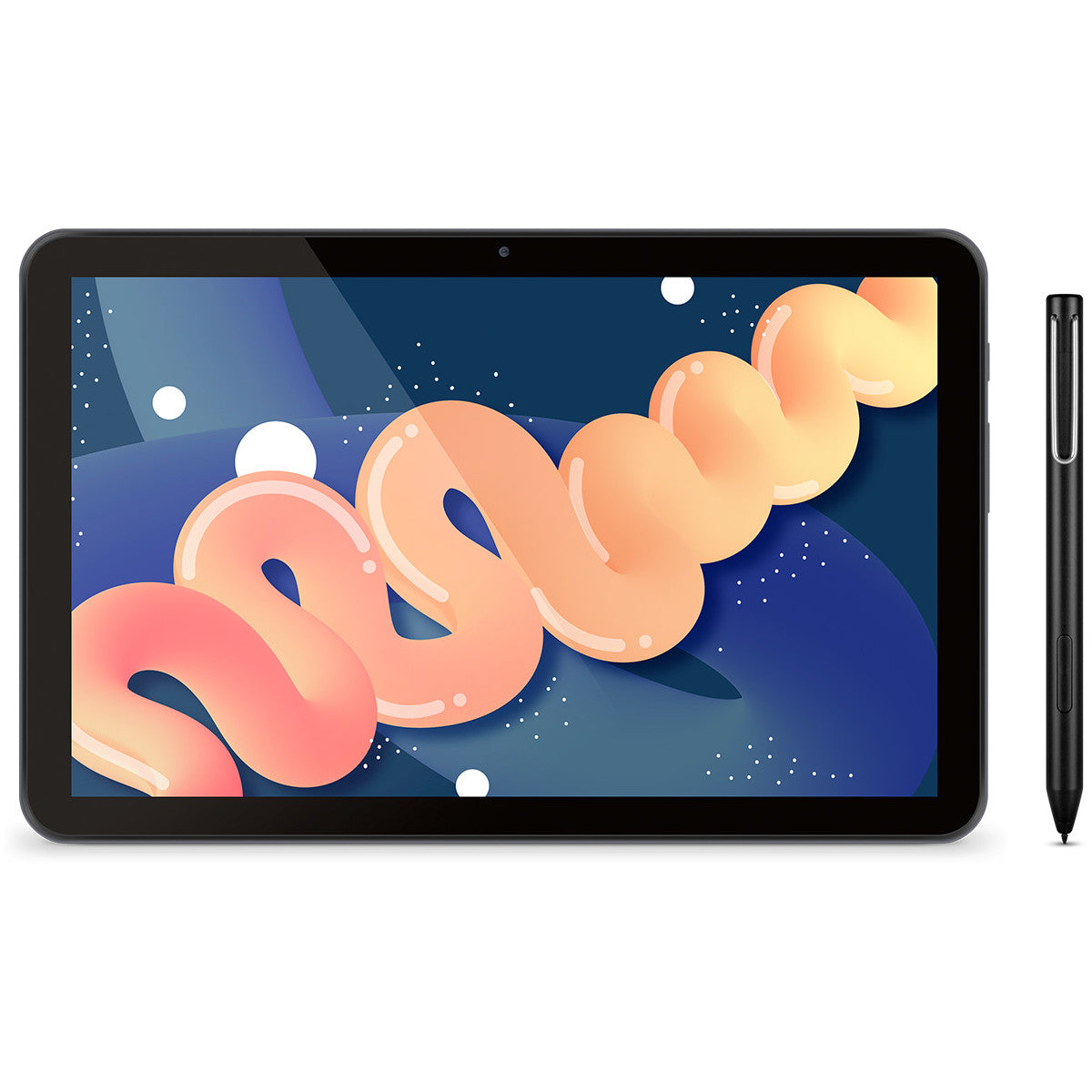 Tablet nero con stilo a destra, che mostra un design astratto rosa e blu.