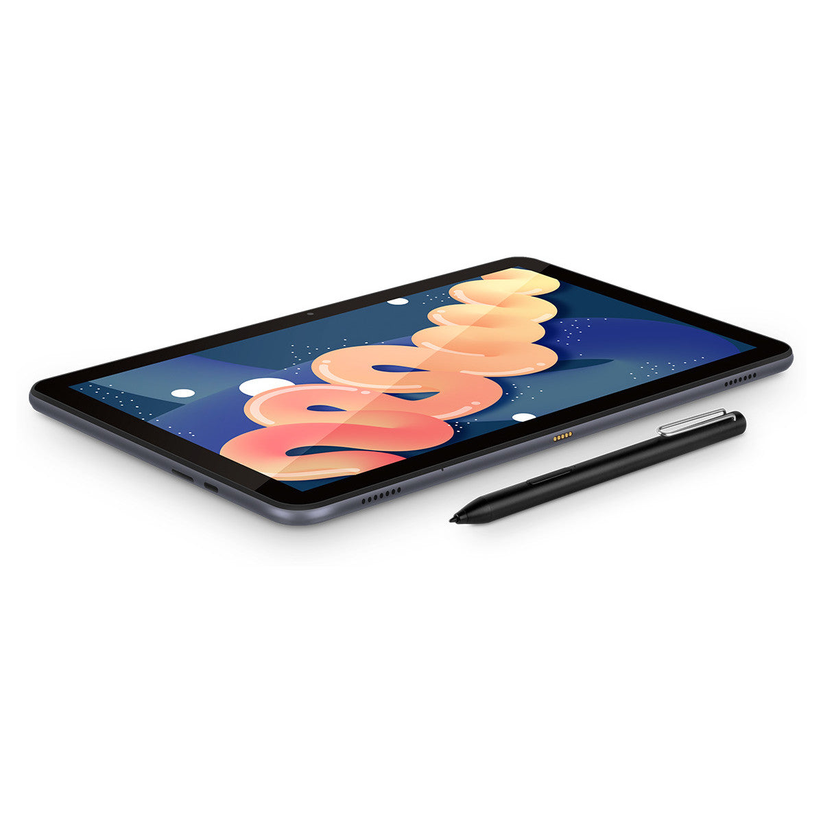 Tablet con stilo. Lo schermo mostra una forma curva su sfondo stellato.
