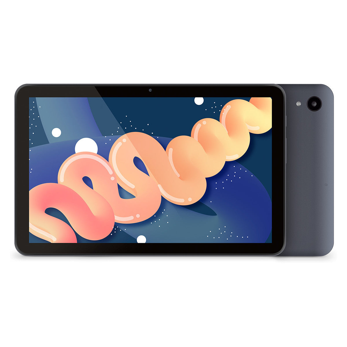 Un tablet che mostra un design astratto colorato, con il retro visibile.