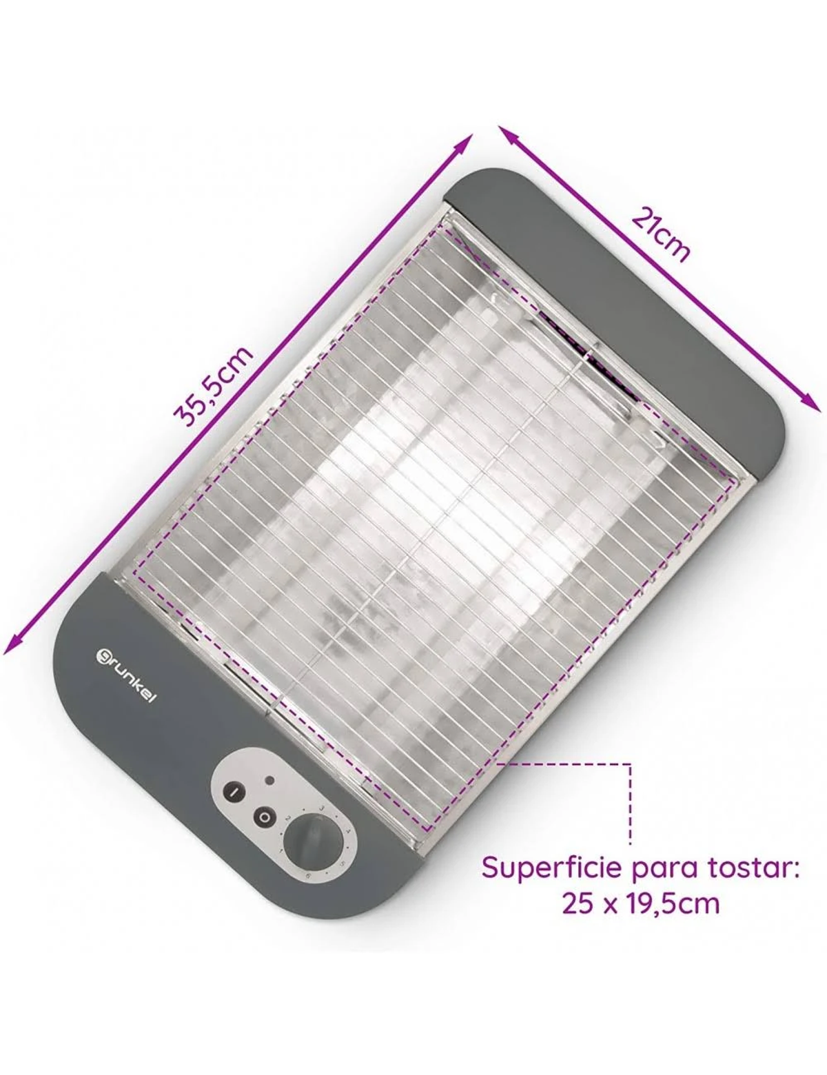 Tostadora gris con elemento calefactor. Se indican las dimensiones. La marca es 'Grunkel'.