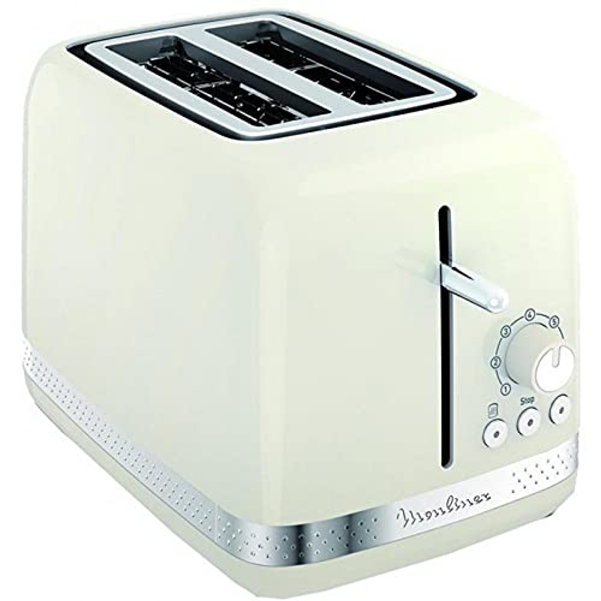 Kremowy toster z dwoma otworami, pokrętłami i dźwignią. Widoczne srebrne akcenty.