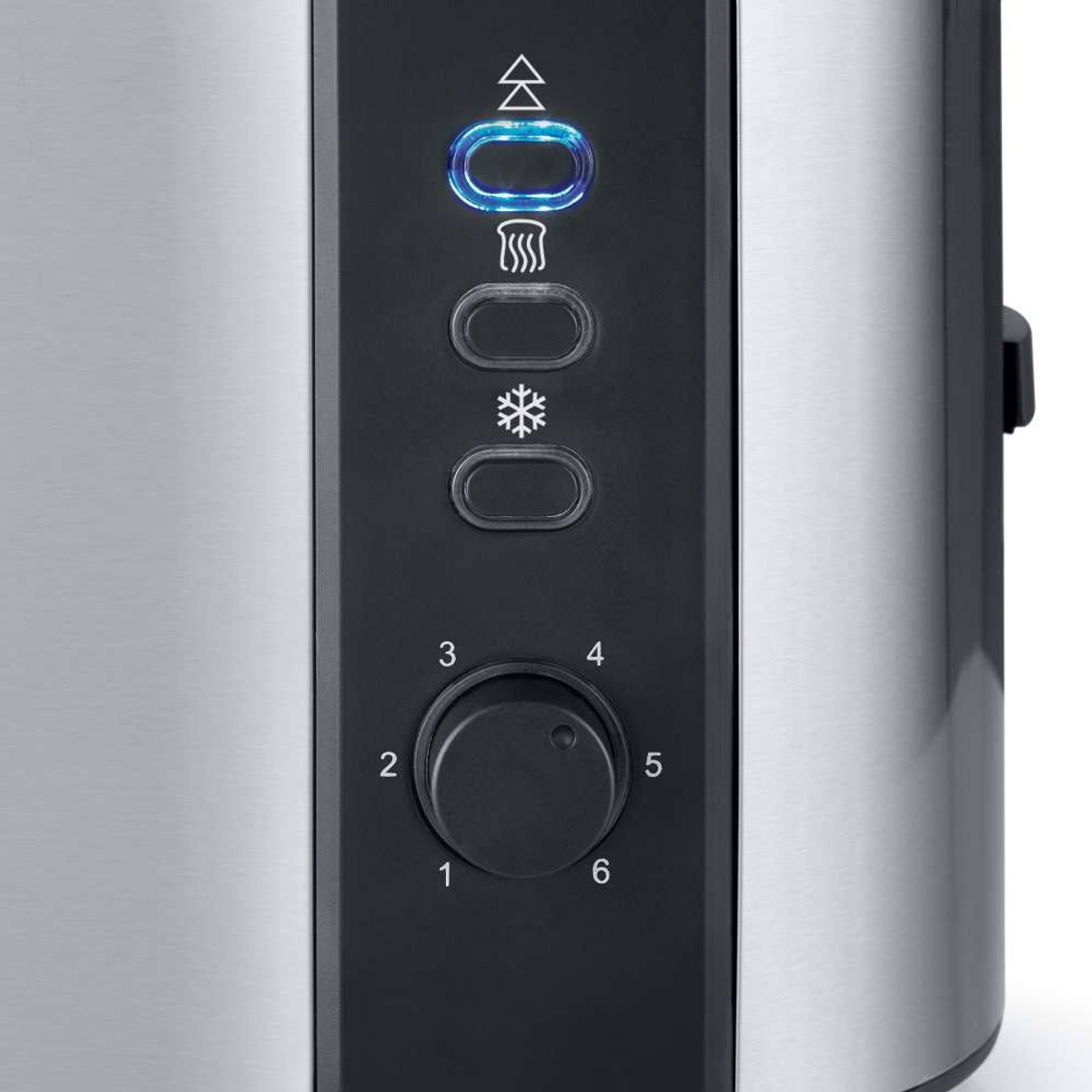 Nahaufnahme eines Toaster-Bedienfelds mit einem Drehregler von 1-6. Knöpfe darüber.