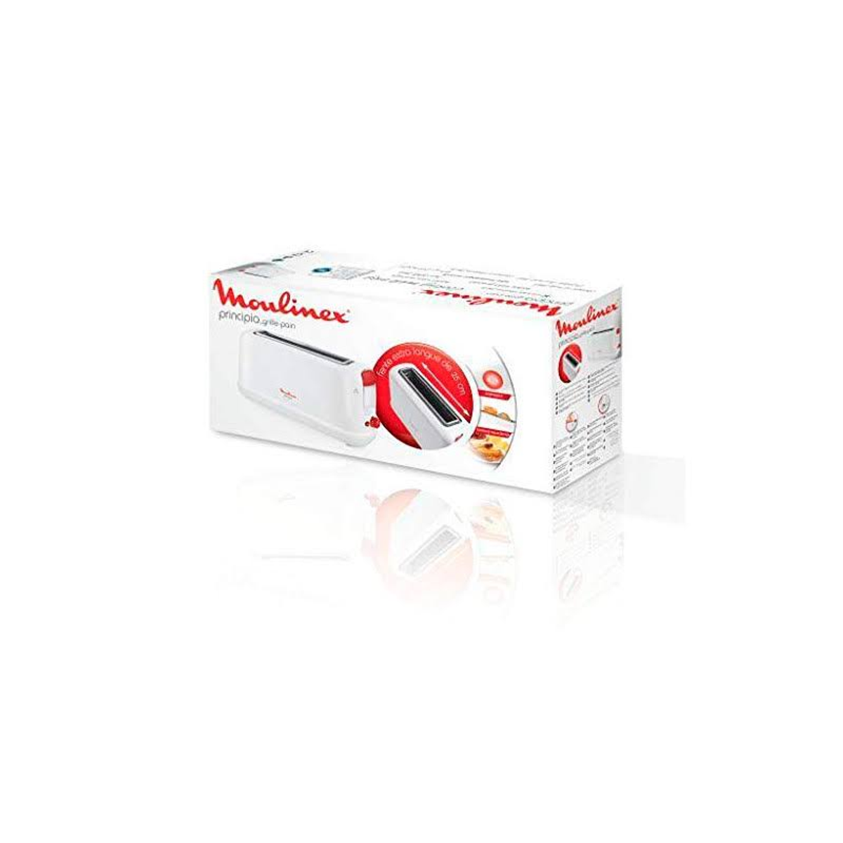 Pudełko z tosterem Moulinex. Białe pudełko z obrazkiem i tekstem tostera, na białym tle.