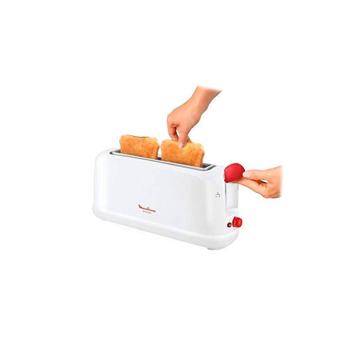 Biały toster z dwoma tostami wyjmowanymi rękami.