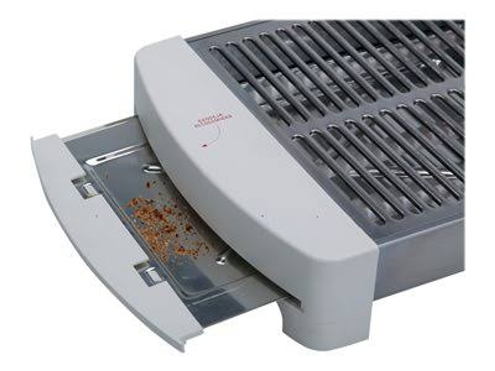 Parrilla eléctrica con bandeja, de diseño gris y blanco.