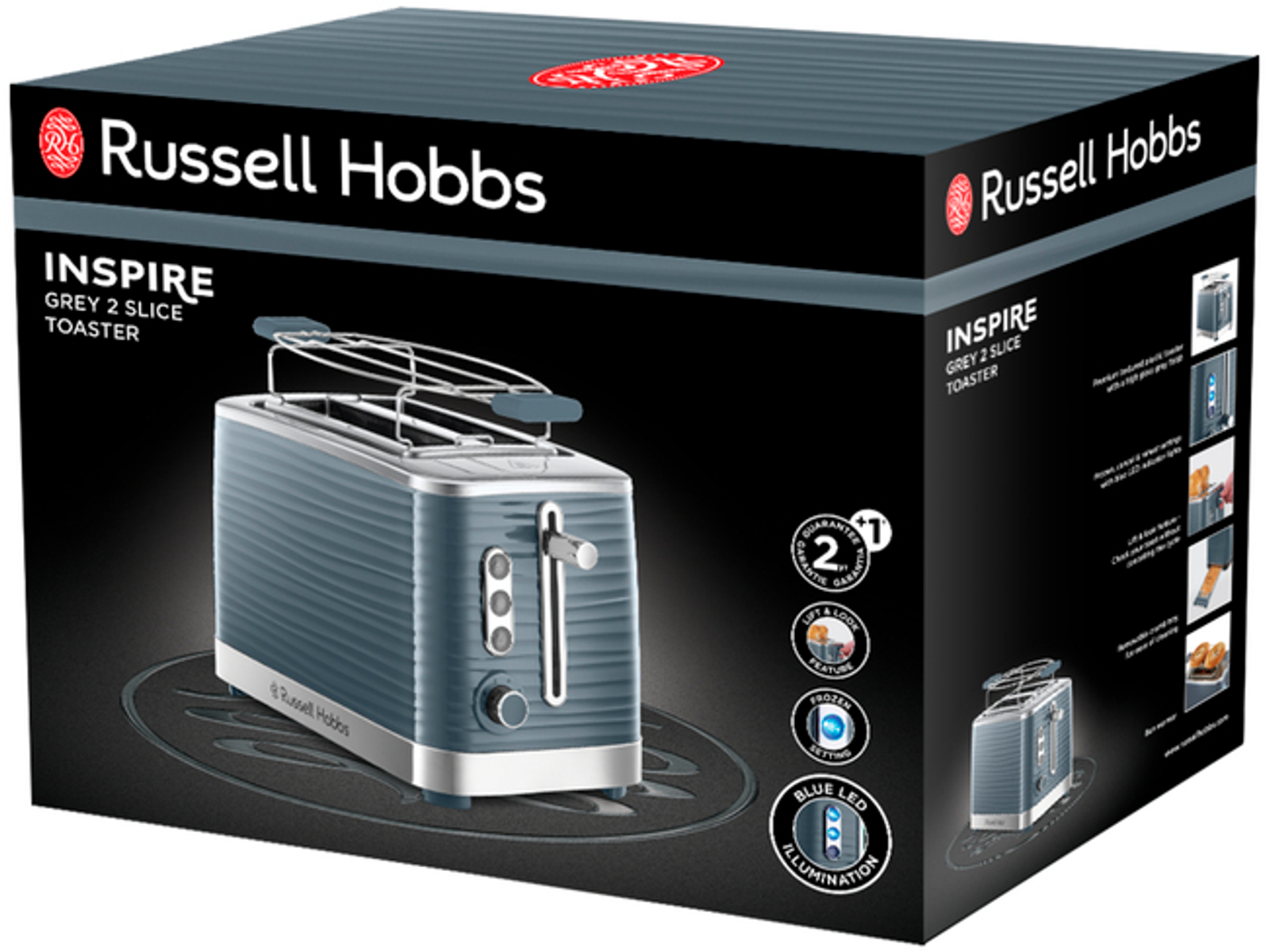 Una caja de tostadora Russell Hobbs gris de 2 rebanadas con una imagen de la tostadora.