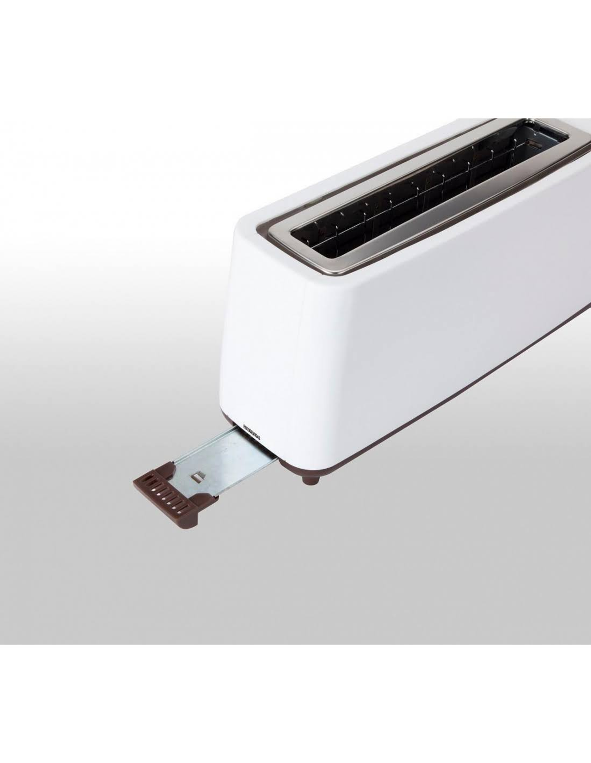 Biały toster z otwartą szufladą na okruchy.