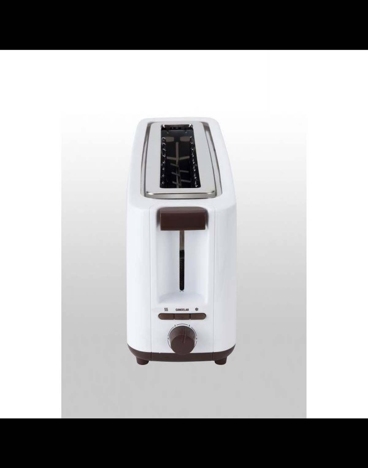 Biały toster z brązowymi akcentami. Ma dwa otwory, pokrętło i dźwignię.