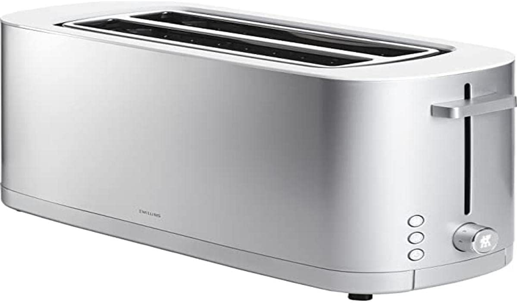 Silberner langer Toaster mit zwei Schlitzen, mit Knöpfen und einem Drehknopf.